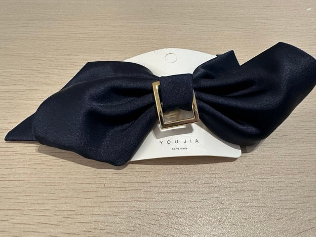 Navy Satin Bow Clip with Gold Barrette Metal Clip