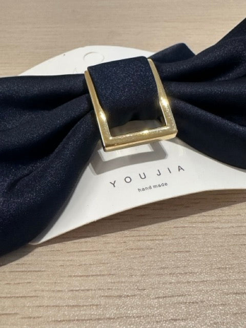 Navy Satin Bow Clip with Gold Barrette Metal Clip