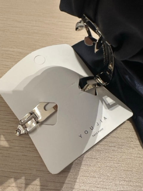 Navy Satin Bow Clip with Gold Barrette Metal Clip