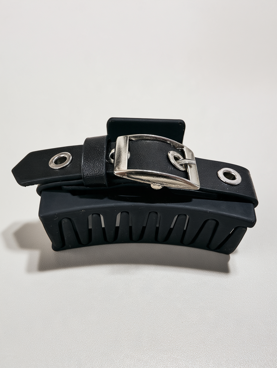 Black Rubber Claw Clip with Faux Leather Buckle Strap