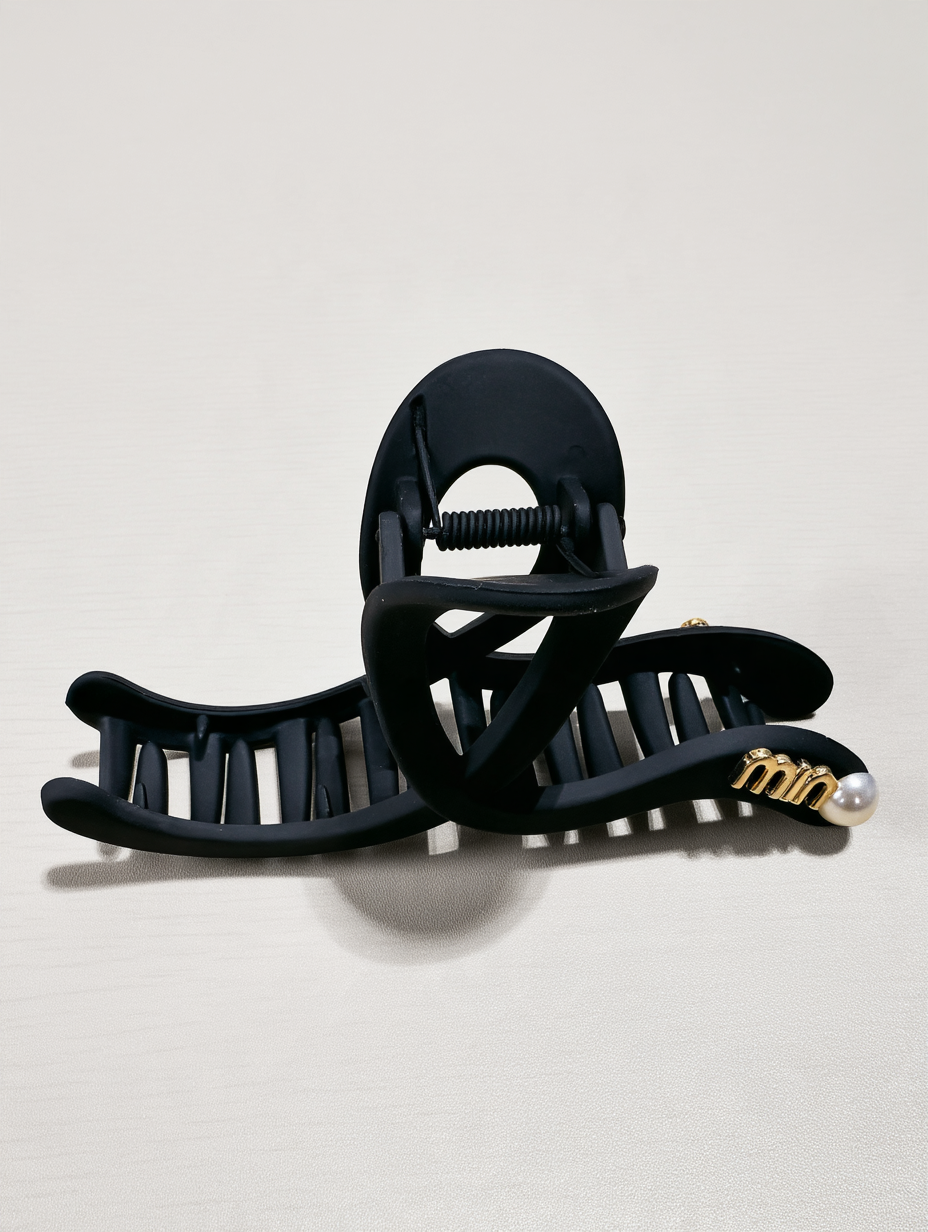 Matte Black Woven Banana Clip with Charm & Pearl - Miu