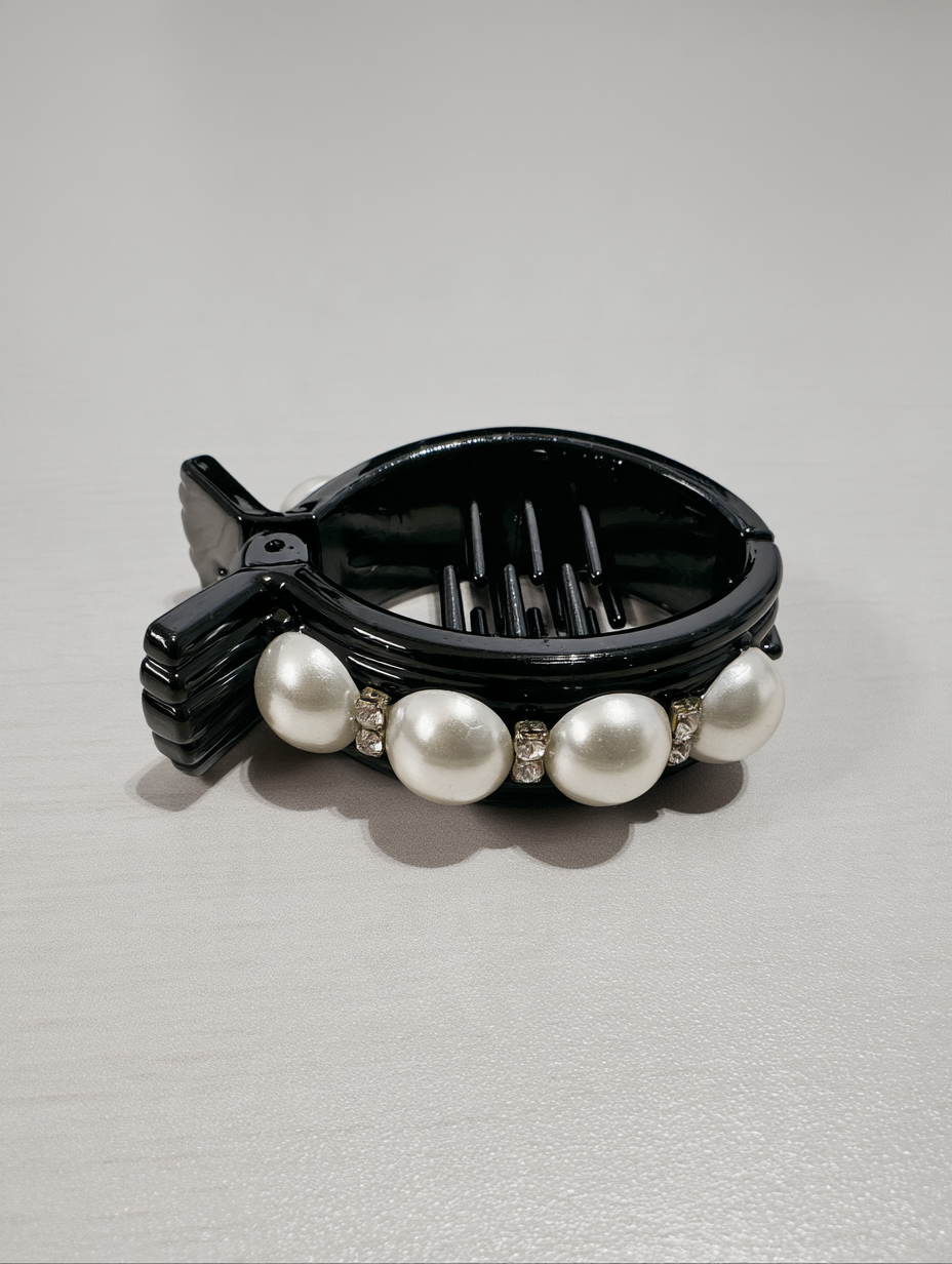 Black Claw Clip with Pearl & Rhinestone Row