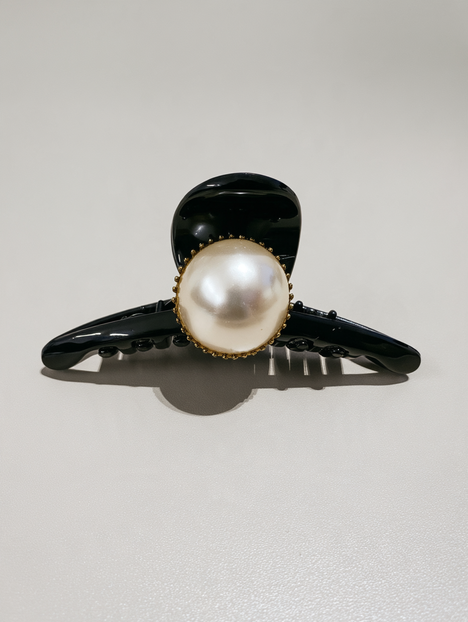 Black Enamel Claw Clip with White Pearl