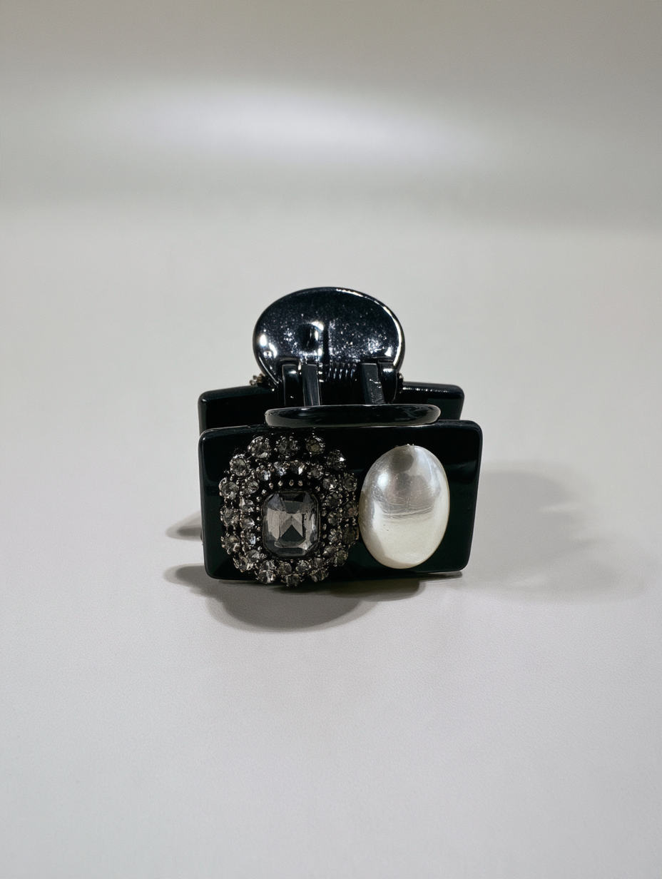 Black Claw Clip with Rhinestone Brooch & Pearl