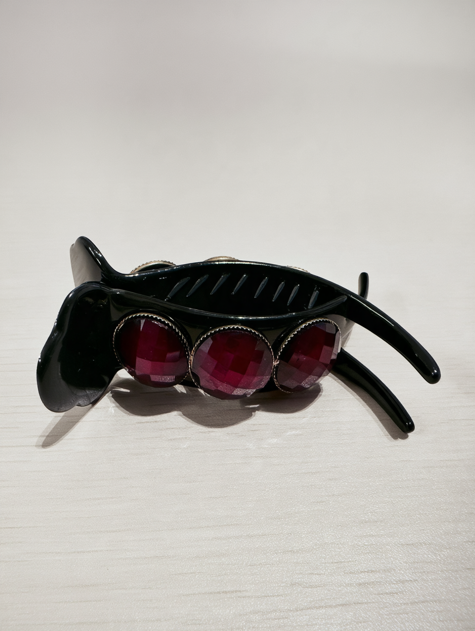Black Claw Clip with Faceted Burgundy Gemstones