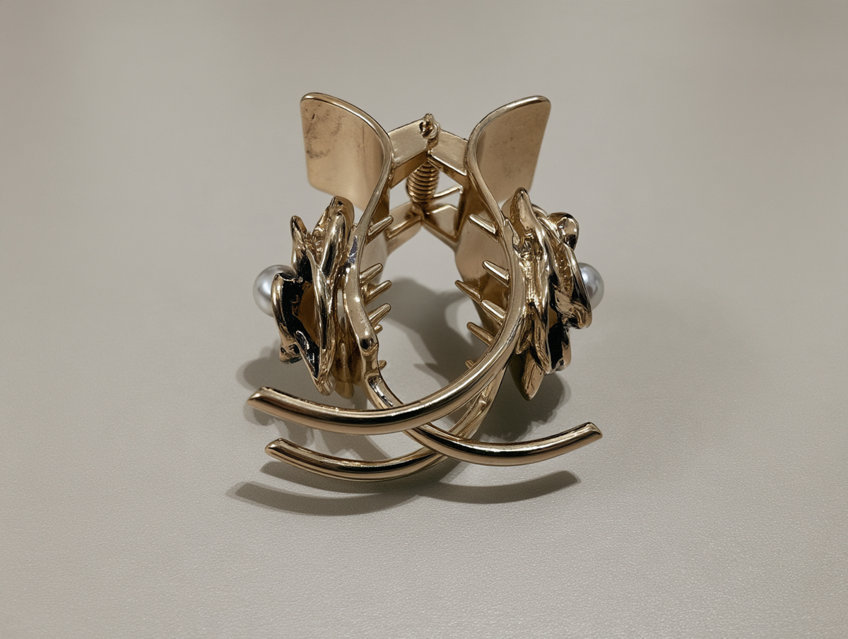 Gold Claw Clip with Black Enamel Flower & Pearl