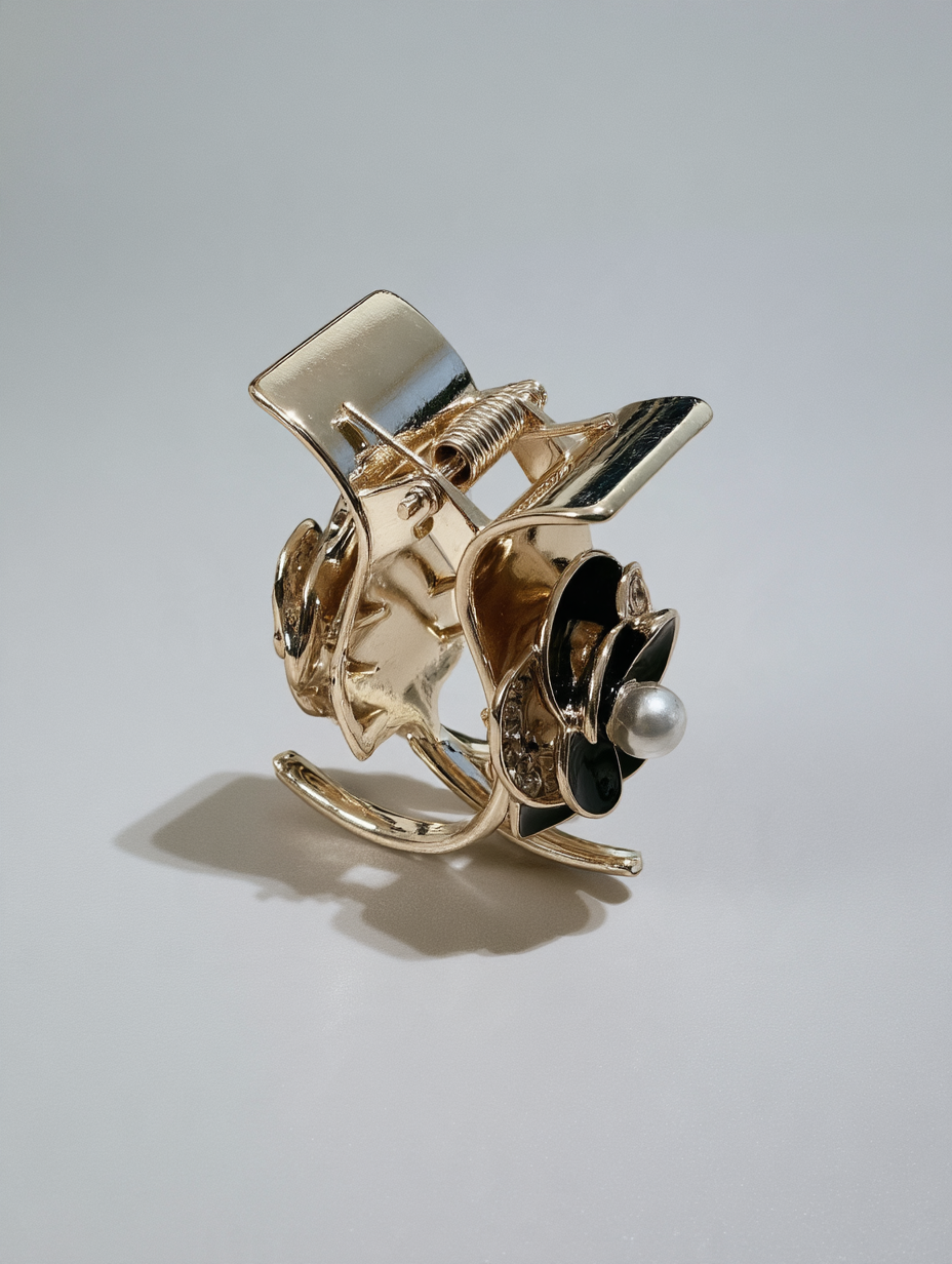 Gold Claw Clip with Black Enamel Flower & Pearl