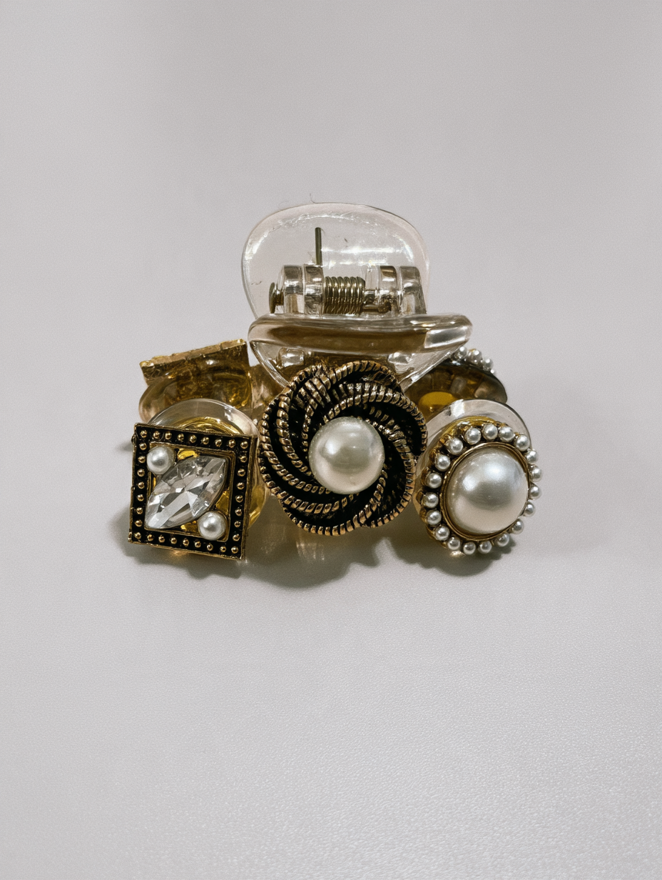Gold Claw Clip with Pearl & Rhinestone Medallions