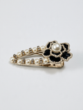 Gold Pearl & Black Enamel Flower Barrette