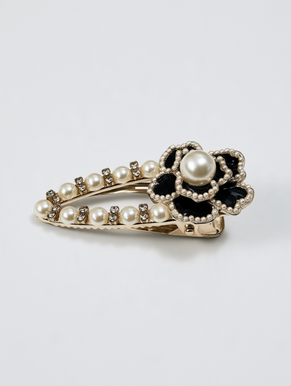 Gold Pearl & Black Enamel Flower Barrette