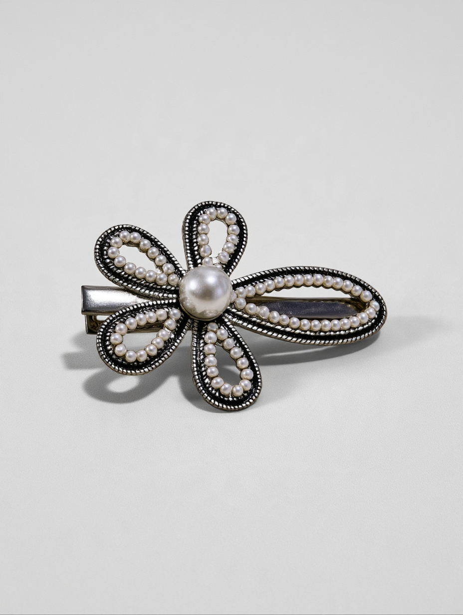 Silver Pearl Flower Pin Barrette