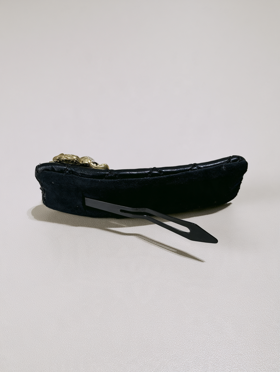 Black Quilted Barrette with Pearl & Rhinestone Flower