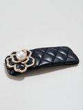 Black Quilted Barrette with Pearl & Rhinestone Flower