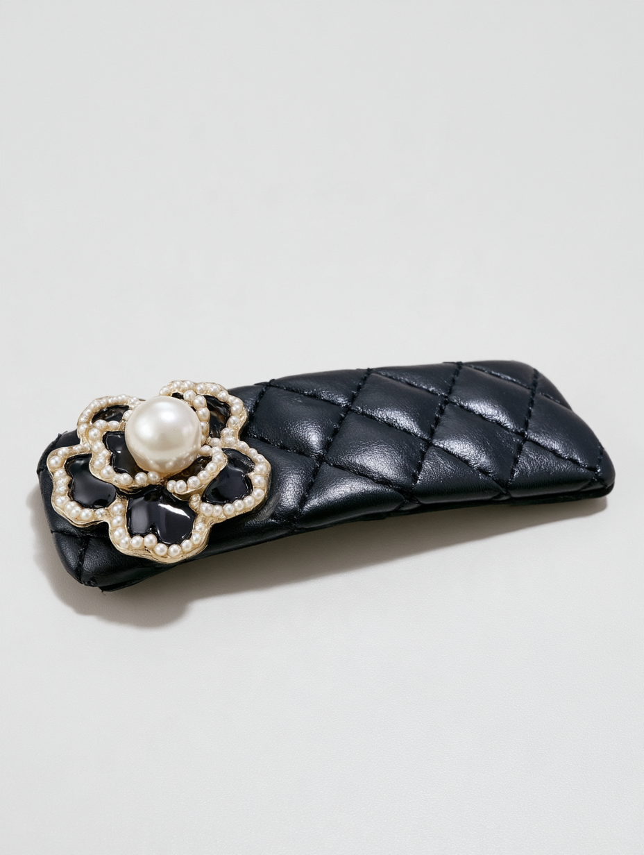 Black Quilted Barrette with Pearl & Rhinestone Flower