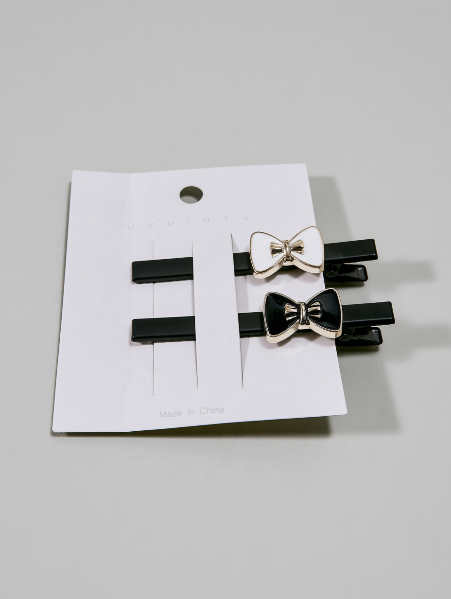 Black & White Enamel Bow Mini Clip Pair - Set of 2