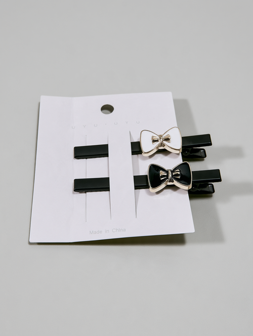 Black & White Enamel Bow Mini Clip Pair - Set of 2