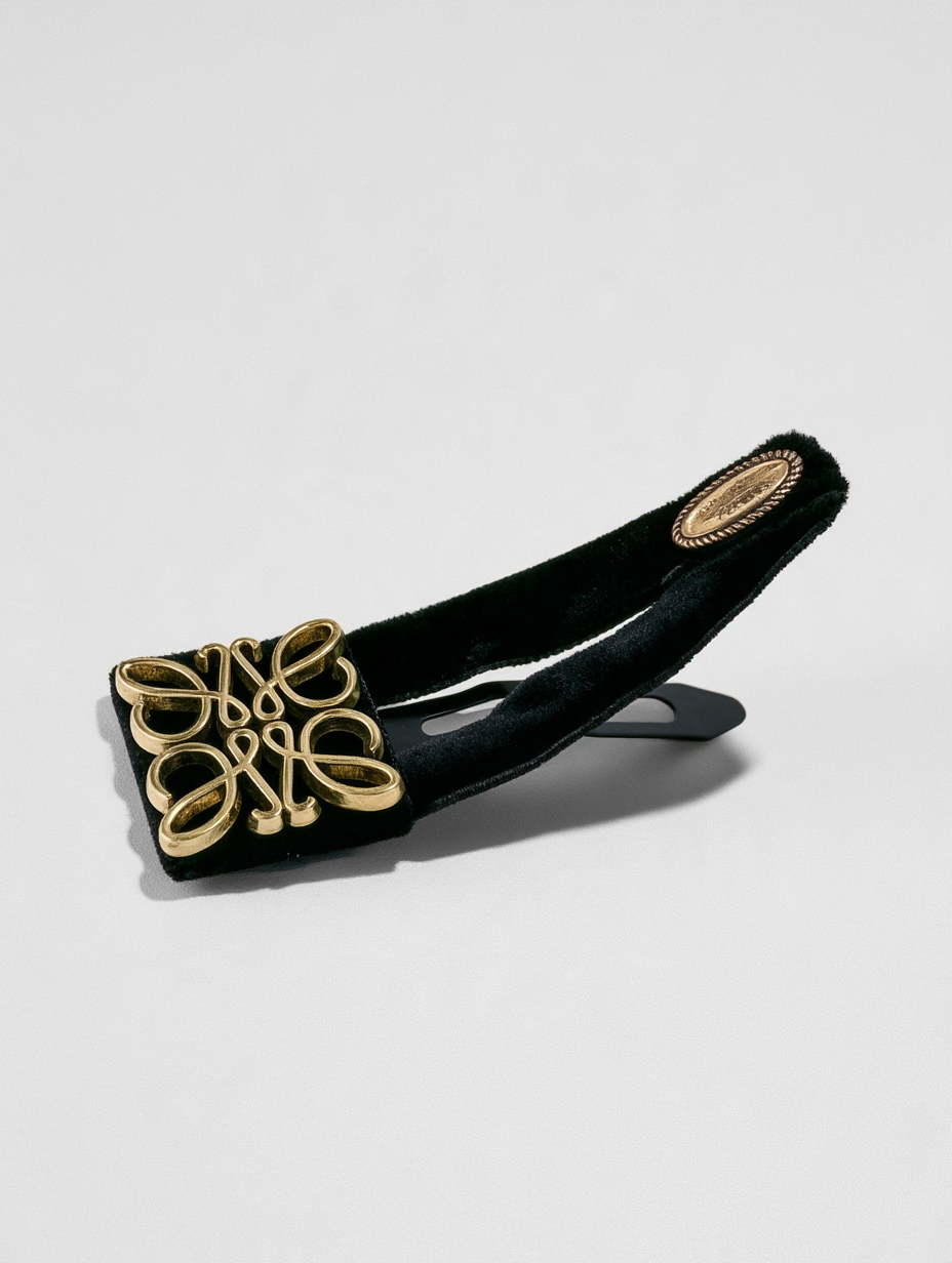 Black Velvet Barrette with Antique-Gold Emblem