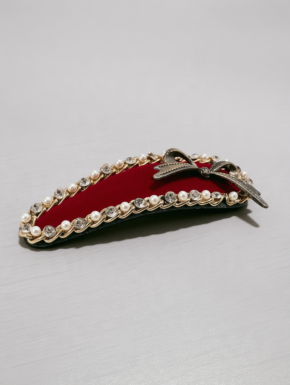 Red Velvet Barrette with Pearl & Rhinestone Bow