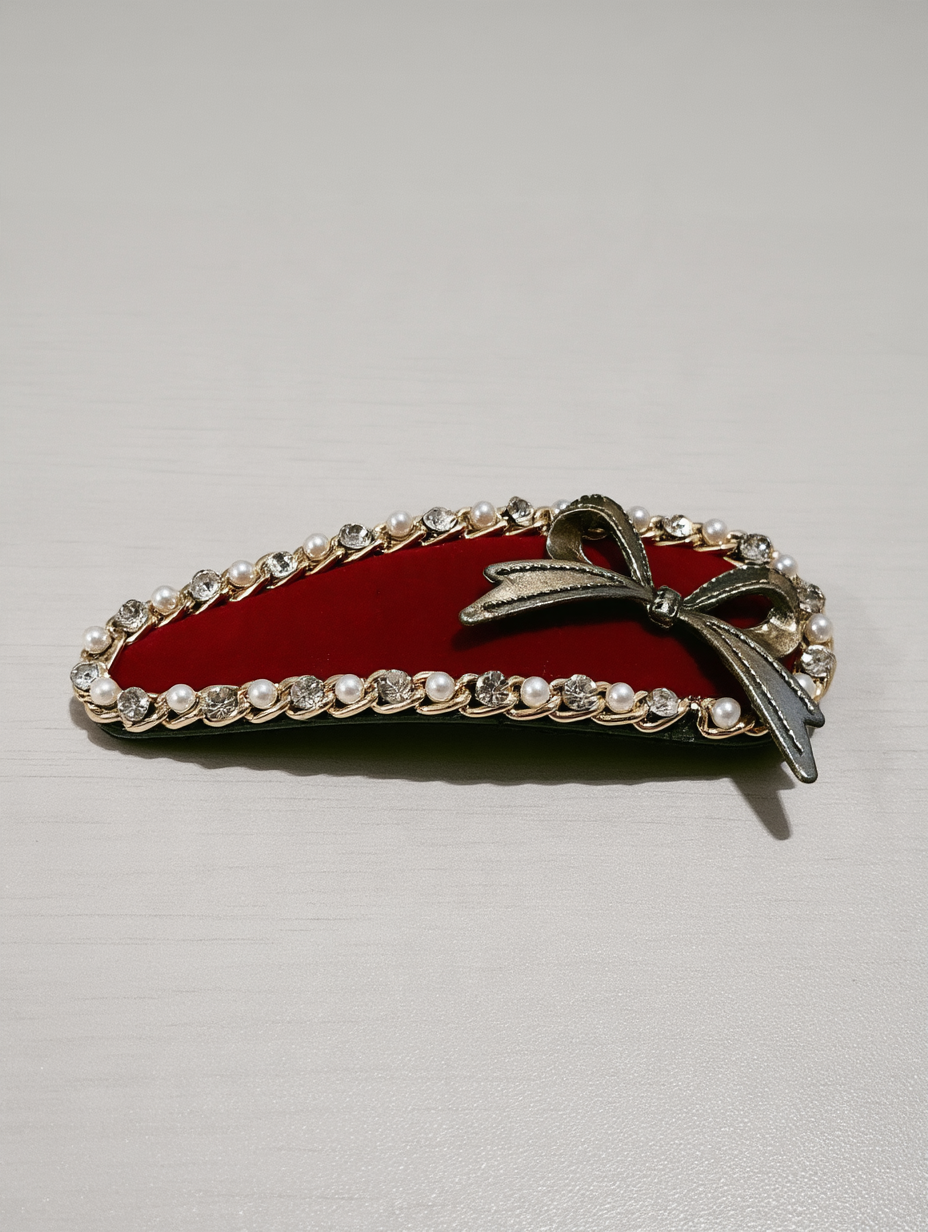 Red Velvet Barrette with Pearl & Rhinestone Bow