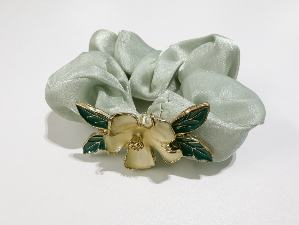 Sage Green Enamel Flower Scrunchie