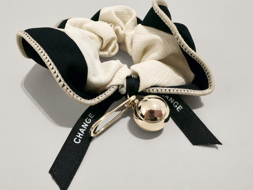Black & Cream Ribbon Scrunchie with Gold Bell Charm
