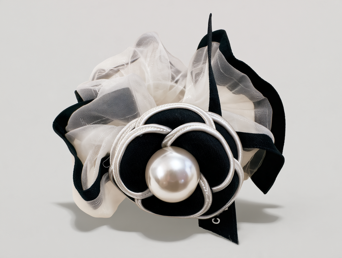 Black & White Camellia Flower Scrunchie with Pearl Center