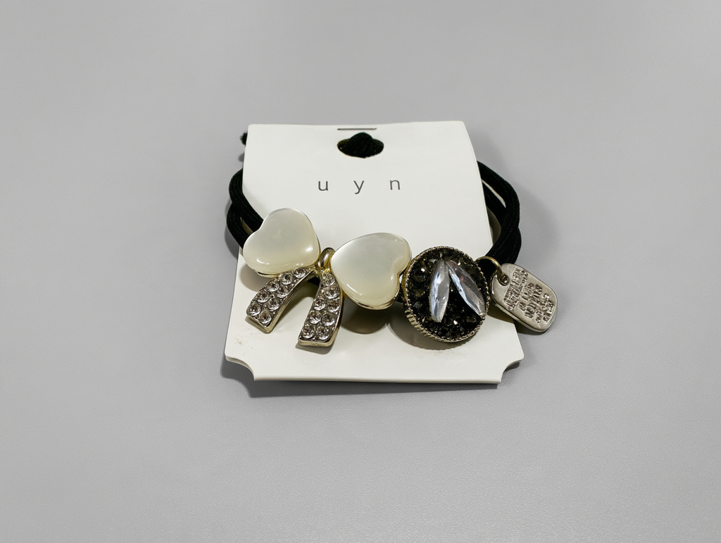 Black Rhinestone Bow Hair Tie with Moonstone Charm