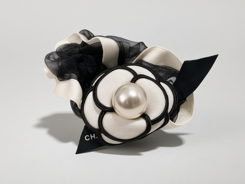 Black & White Camellia Flower Scrunchie with Pearl Center