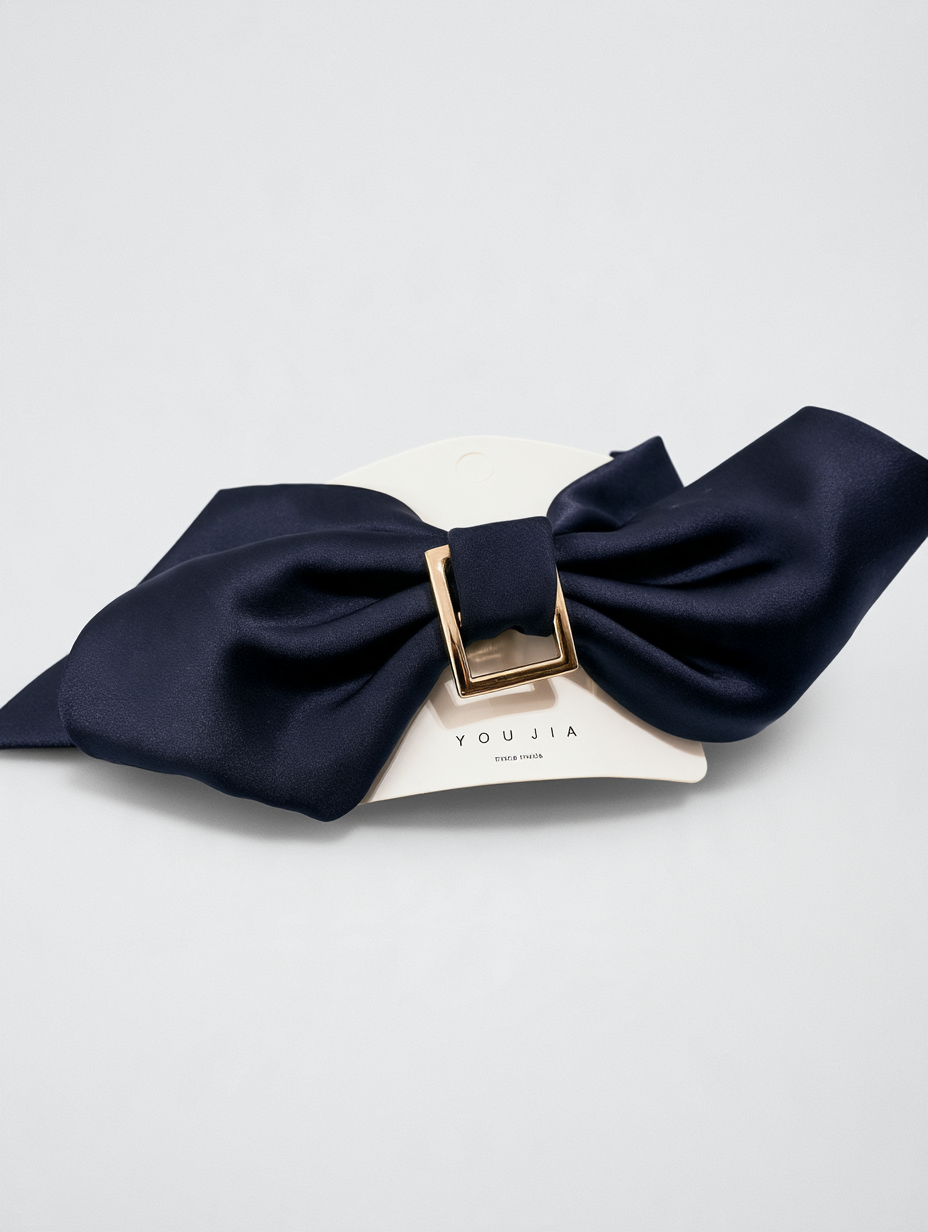 Navy Satin Bow Clip with Gold Barrette Metal Clip