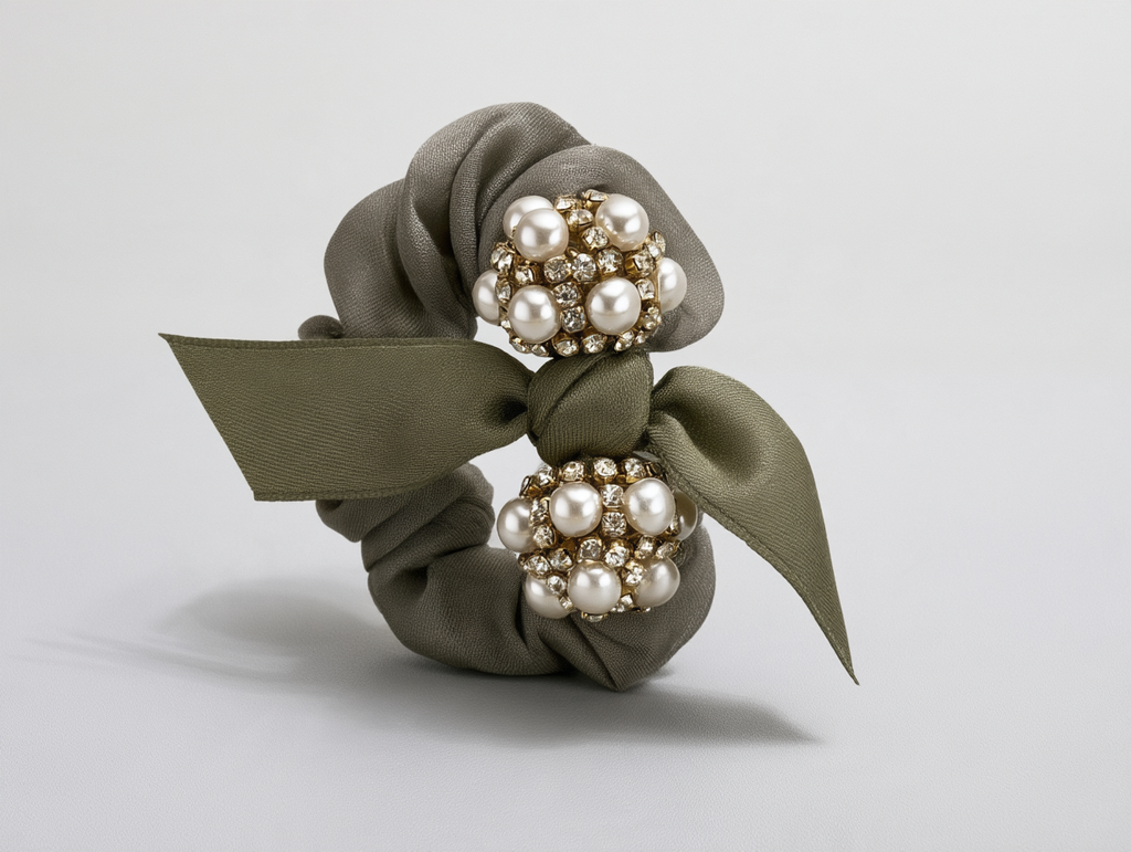 Olive Scrunchie with Pearl & Rhinestone Cluster Charm