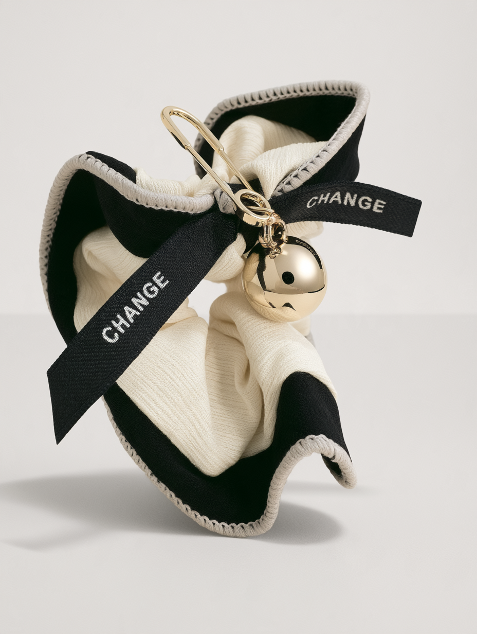 Black & Cream Ribbon Scrunchie with Gold Bell Charm