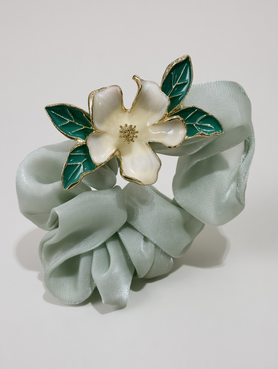 Sage Green Enamel Flower Scrunchie