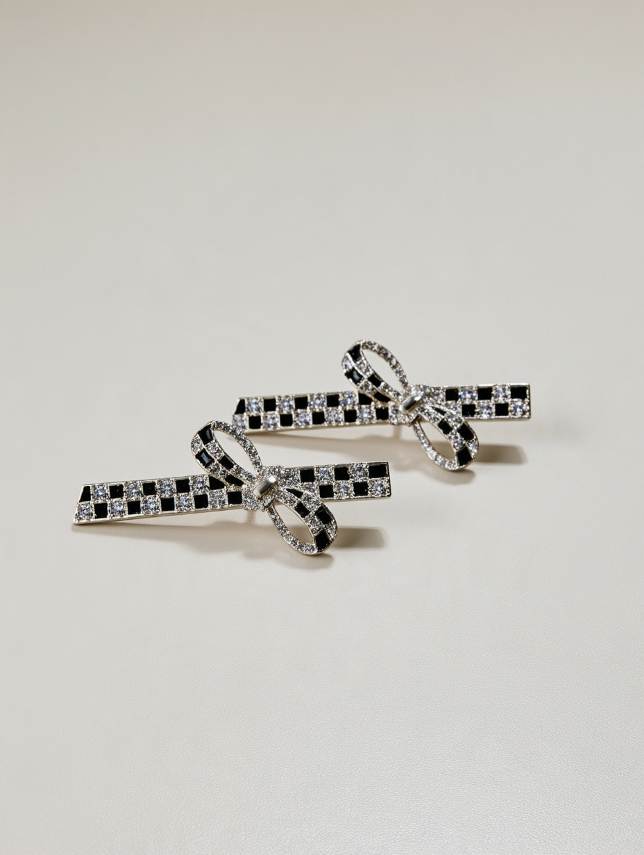 Black & Clear Rhinestone Geometric Bow Clip Pair