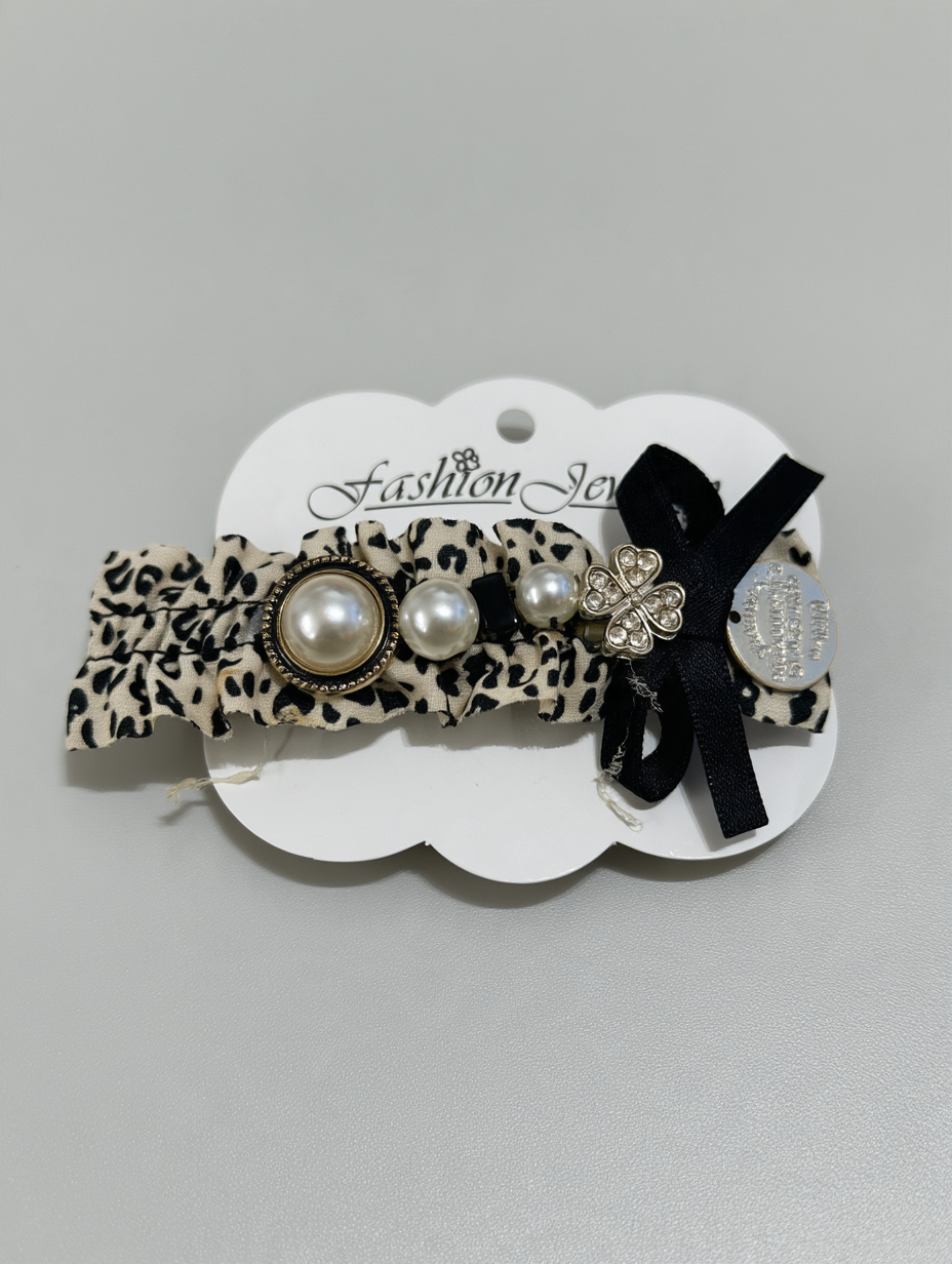 Leopard Print Pearl & Rhinestone Bow Claw Clip