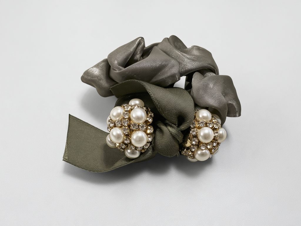 Olive Scrunchie with Pearl & Rhinestone Cluster Charm