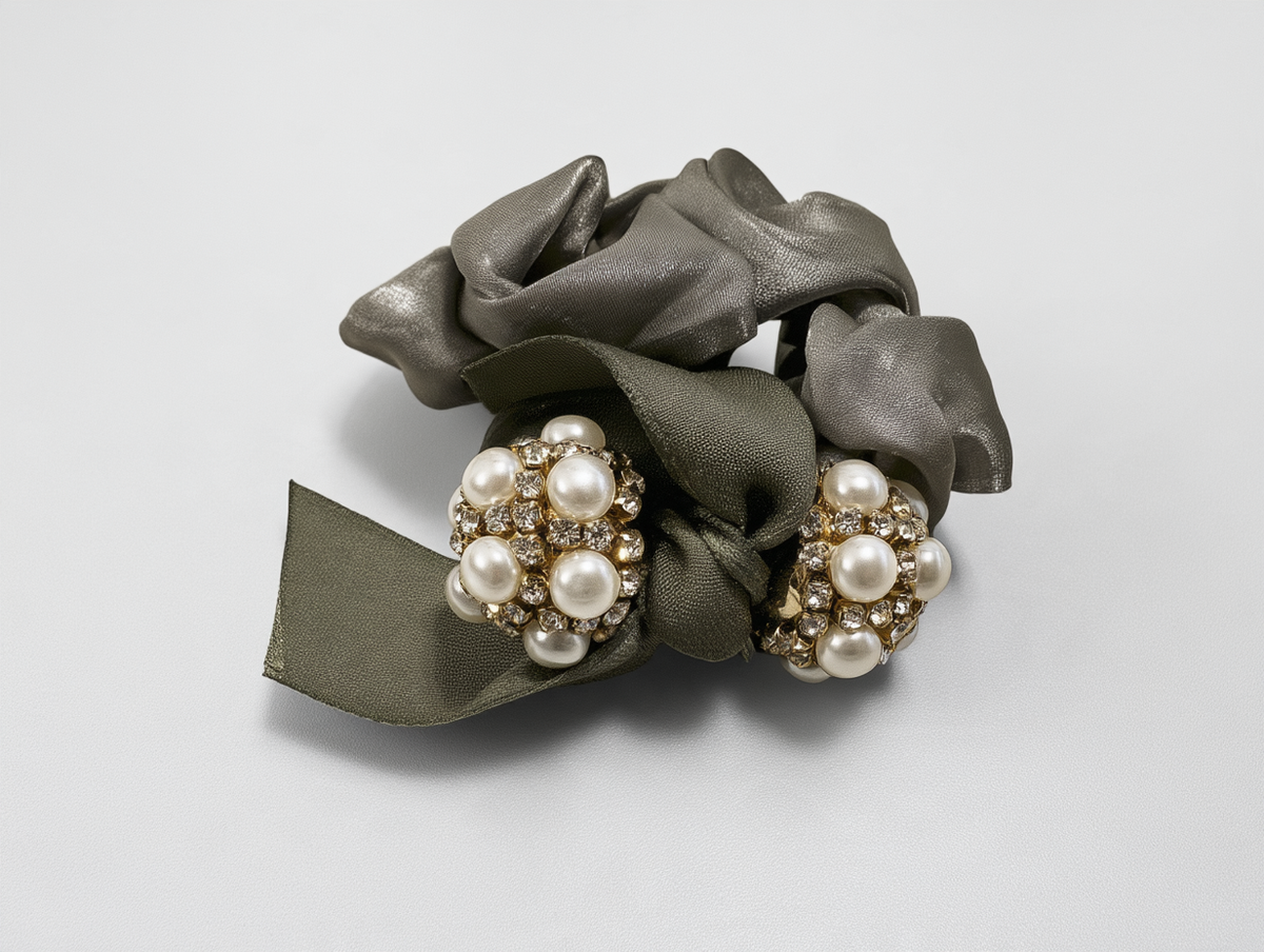 Olive Scrunchie with Pearl & Rhinestone Cluster Charm