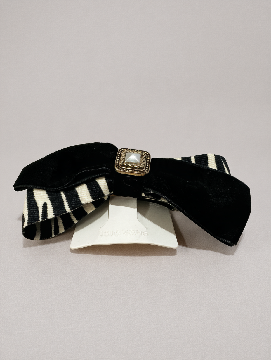 Zebra Print Bow Claw Clip with Pearl Centerpiece