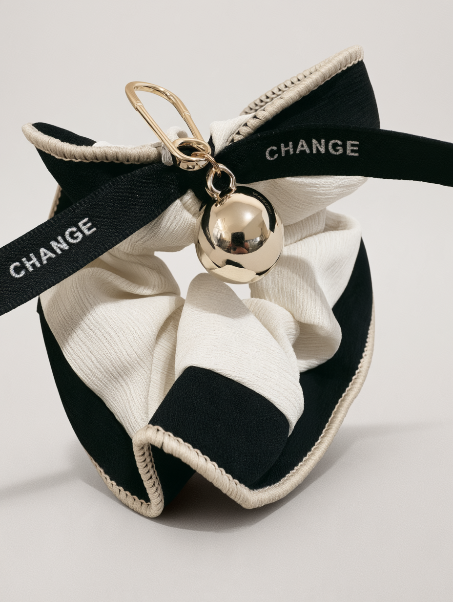 Black & Cream Ribbon Scrunchie with Gold Bell Charm