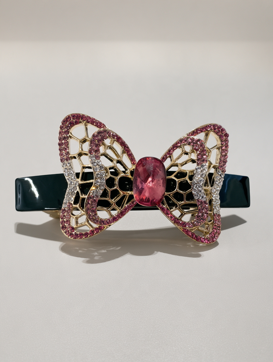 Pink Rhinestone Butterfly Bow Claw Clip